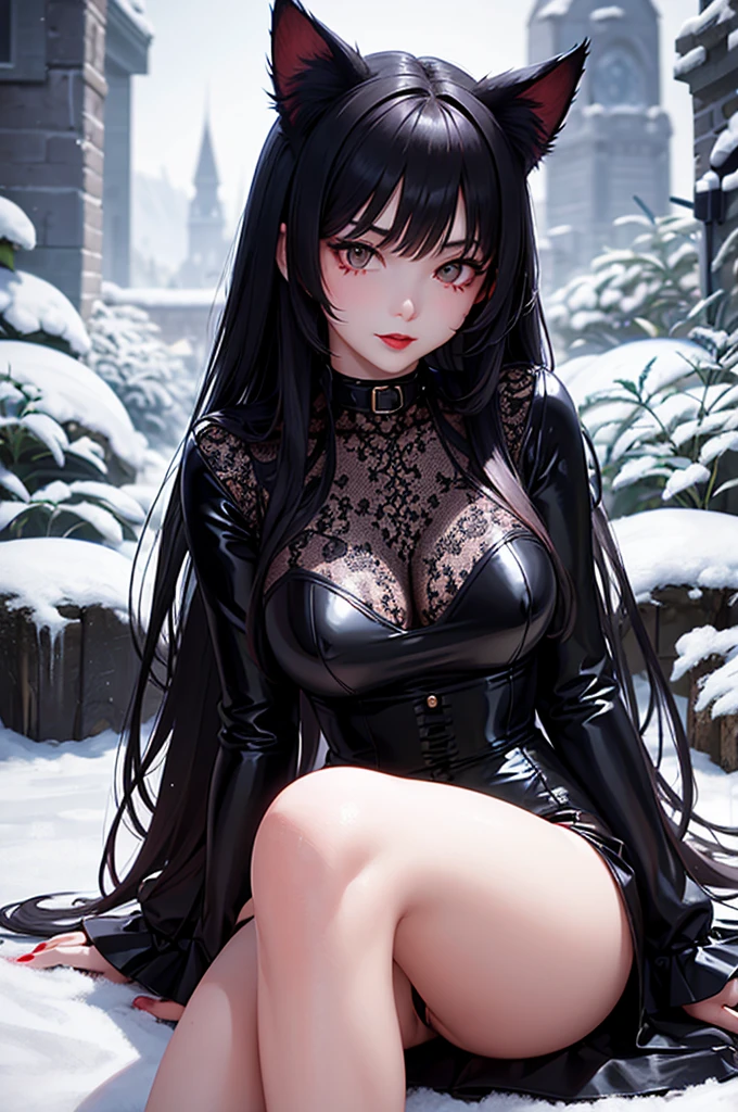 Detailed facial details，，1 girl，Red lips，Cat ear，Black long hair，Wearing snow-white latex lace bunny，Large Breasts，Slim，Collar，Radiant Skin，Sitting on the grass，garden