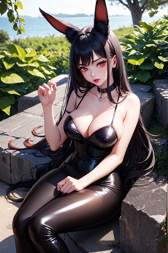 Detailed facial details，16 years old，1 girl，Red lips，Cat ear，Black long hair，Wearing a snow-white latex lace bikini，Large Breasts，Slim，Collar，Radiant Skin，Sitting on the grass，garden