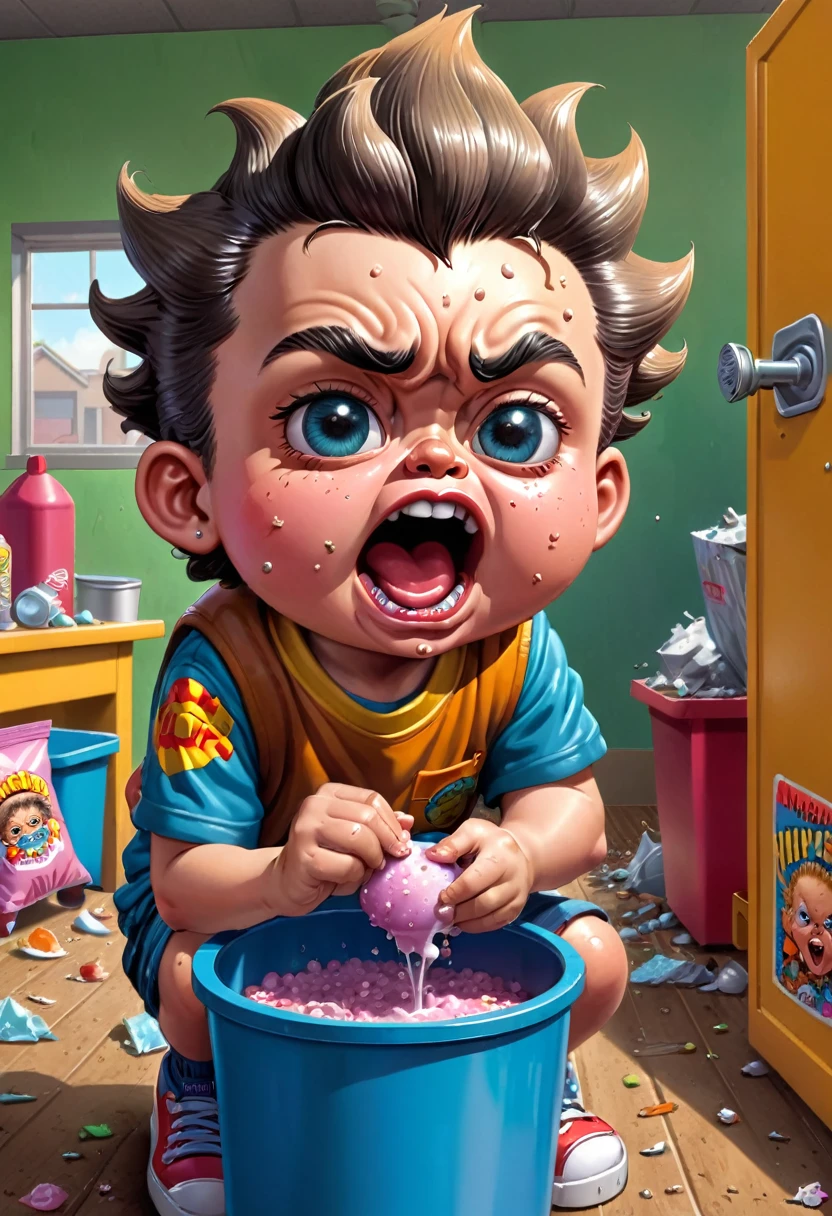 kid popping pimples on his face, ((garbage pail kids style)), in a school, 3d cartoon, high quality, detailed,