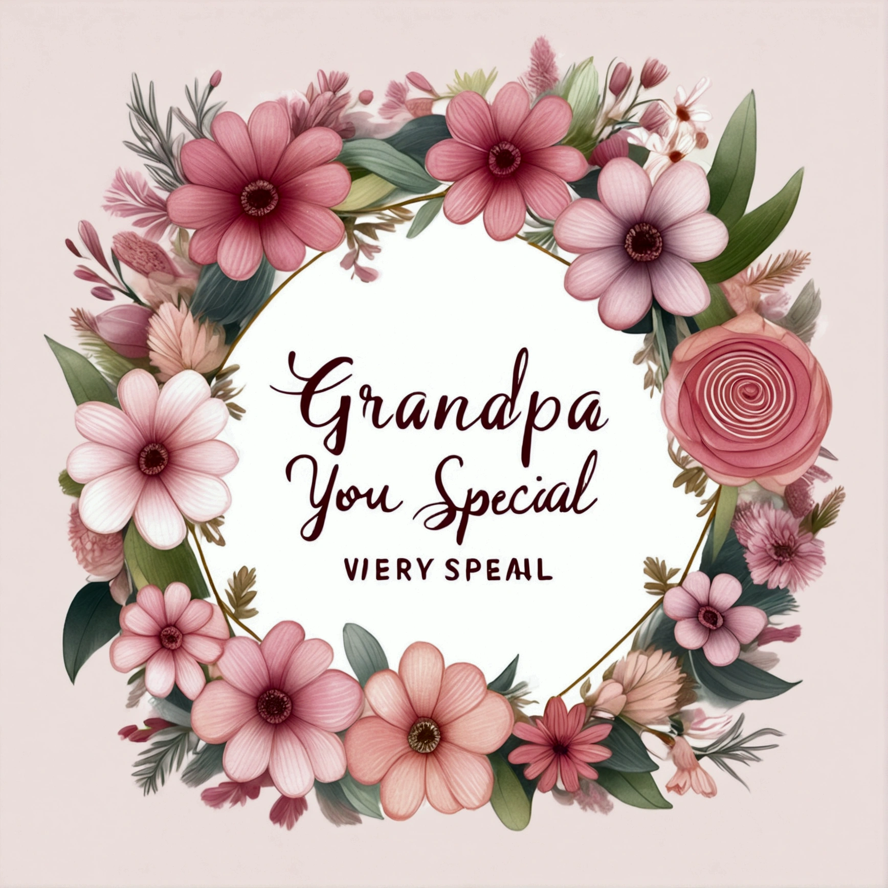 garland, floral frame, Delicate watercolor flowers in vibrant pink and pink tones, (text " Grandpa you are very special" :1.6),Engaging illustrations.