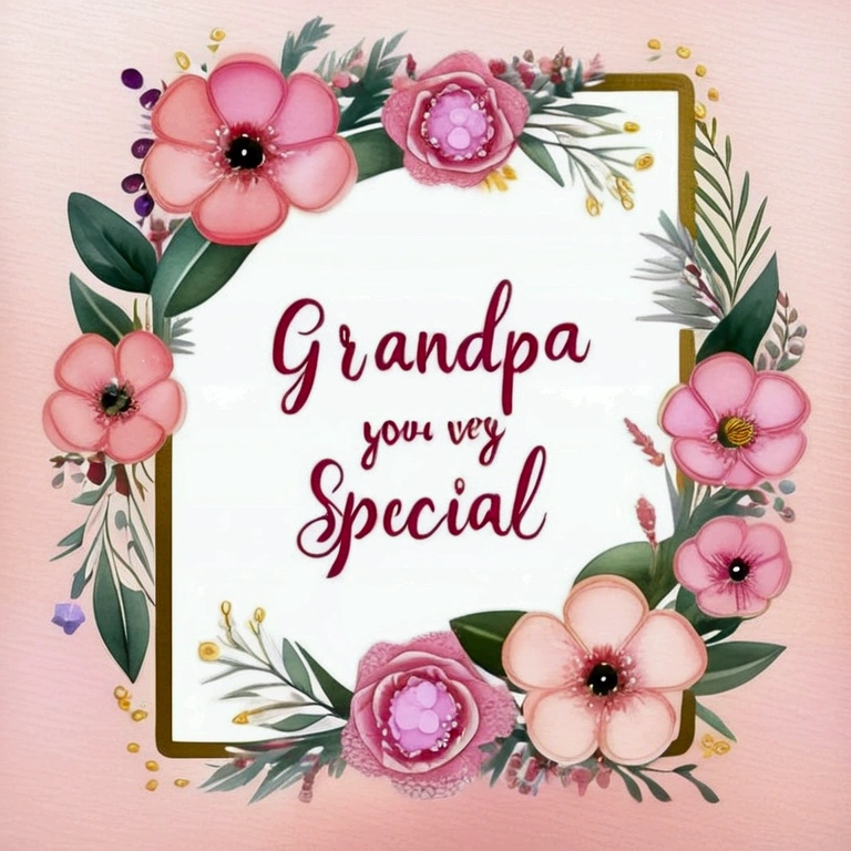 garland, floral frame, Delicate watercolor flowers in vibrant pink and pink tones, (text " Grandpa you are very special" :1.6),Engaging illustrations.