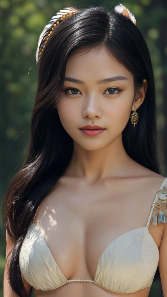 ((masterpiece)), ((best quality)), ((highres)), extremely detailed)), a beautiful 40-year-old Native American woman (Grace Kelly:Milla Jovovich:0.5), Pocahontas, full body shot, medium breasts, (super realistic), (peerless beauty), detailed skin texture, detailed cloth texture, beautiful detailed face, intricate details, ultra detailed, indigenous feather jewelry, feather headdress, traditional handmade green bra and dress, armed female hunter warrior, (((wild west))) environment, smile, in the village, ((surrounded by people)), ((dance pose)) back to the camera, ultra realistic, concept art, elegant, ((intricate)), ((highly detailed)), depth of field, ((professionally color graded)), soft ambient lighting, dusk, (Best quality, A high resolution, Photorealistic, primitive, 8K,Masterpiece), filmgrain, bokeh:1.2, Lens flare, (vivd colour:1.2)