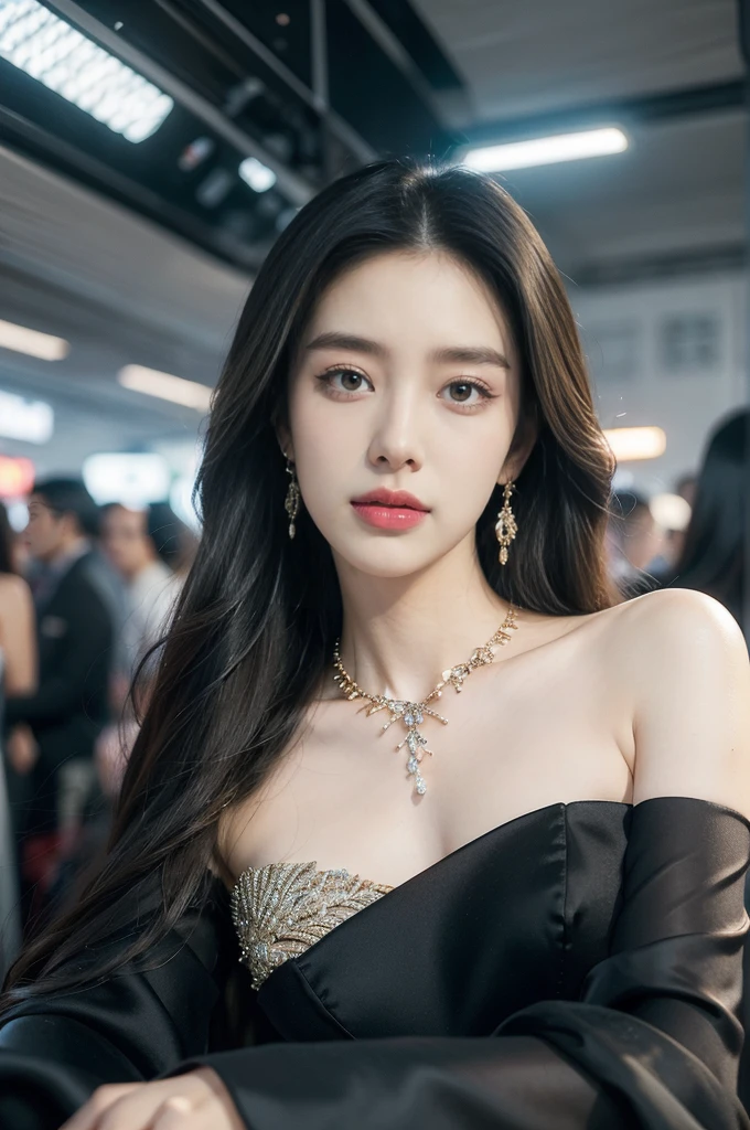 (((best quality))),(((ultra detailed))),(((masterpiece))),illustration,((1girl,gorgeous female model,solo)),((earrings,crystal necklace)),((slim,thin)),((small breasts,flat chest)),(beside a sleek futuristic car:1.3),(strapless glamorres sparkled bra:1.3),intricate embellishments,drop-dead gorgeous,(shoulder length straight hair:1.2),vibrant piercing eyes,delicate facial features,rosy cheeks,parted res lips,confident allure,beauty grace,intricate patterns,shimmering fabric,elegant draping,complementary skin tone,radiates beauty,allure,sleek streamlined design,futurism,smooth curves angles,ambient lighting,ethereal aura,intricate patterns,LED lights,glow,sea of activity,(surrounded by crowded crowds:1.3),examine cars,electric atmosphere,cyberpunk style,excitement anticipation,energy palpable,enthusiasm future automobiles,modern elegance,technological innovation,captivating vibrant scene,invite viewers step into future,embrace beauty,(from front:1.3),(close-up of face:1.3)
