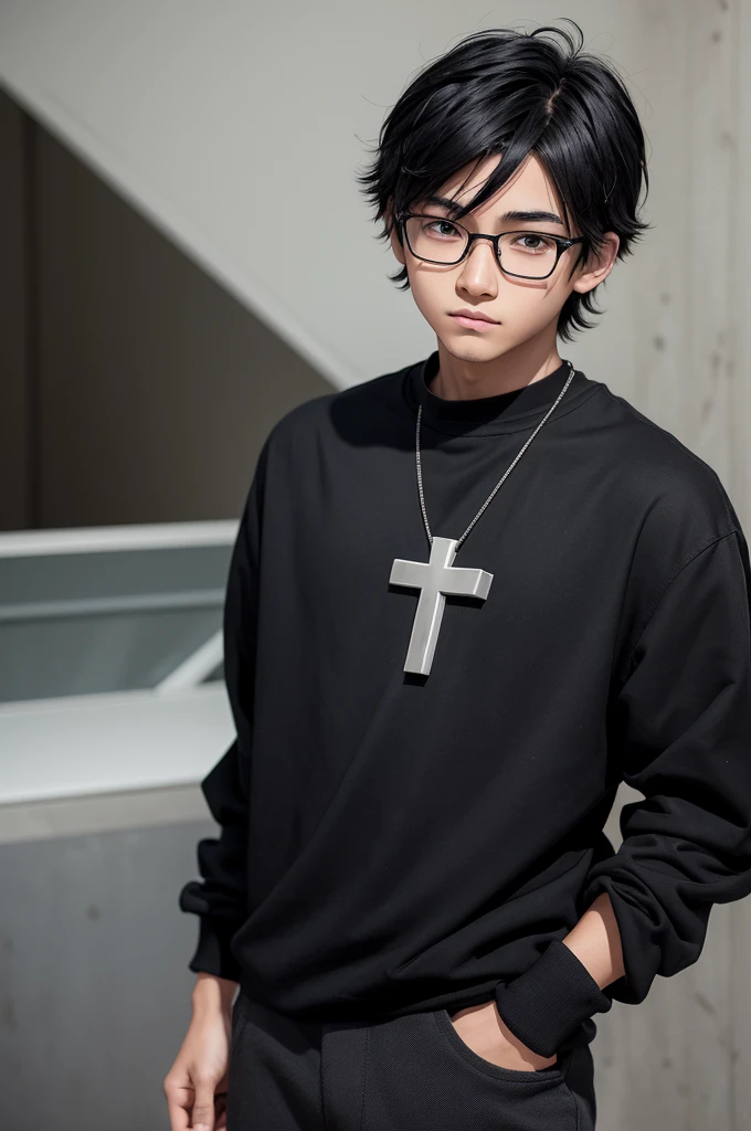 Japanese manga style, a boy with dark skin and black eyes and a cross with the color of his skin drawn on his forehead. He must have black prickly hair. He wears tight black clothing and black cargo pants and glasses with almost transparent black lenses.