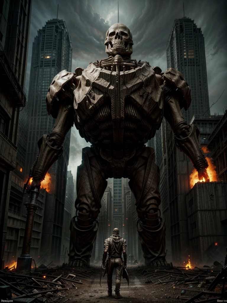 a close up of a person standing in front of a large skeleton, gaint skeleton, golem, apocalyptic art, epic fantasy sci fi illustration, giant bones, towering giant made of zombies, concept art for movies, eerie nostalgic concept art, epic digital concept art, concept arts, by Shen Zhou, apocalypse art, award winning concept art, epic video game art