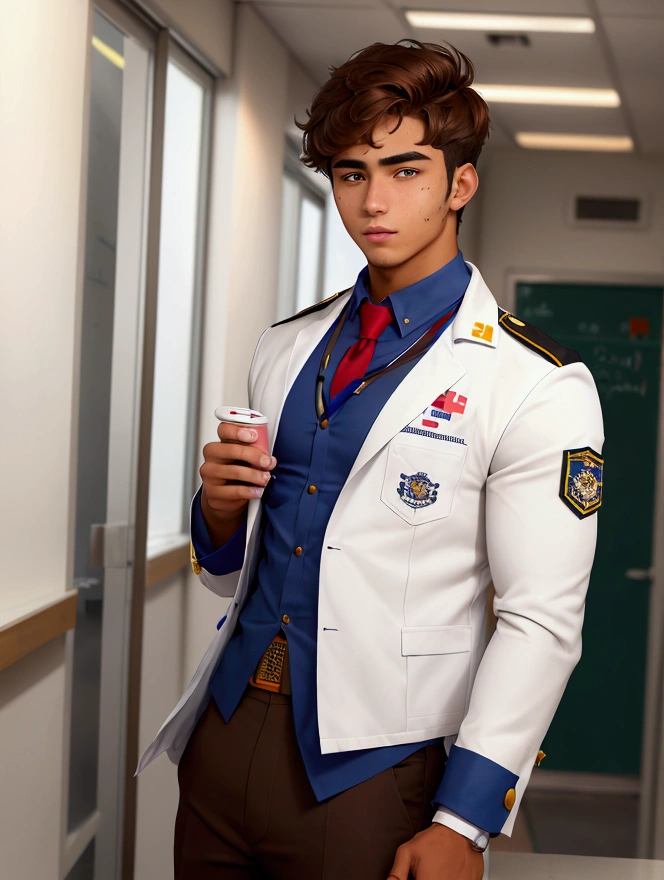 Medium shot,Medicine student ,2nd year , cool , hunk, 22 year old,tan skin,(messy brown hair),handsome , in university,uniform