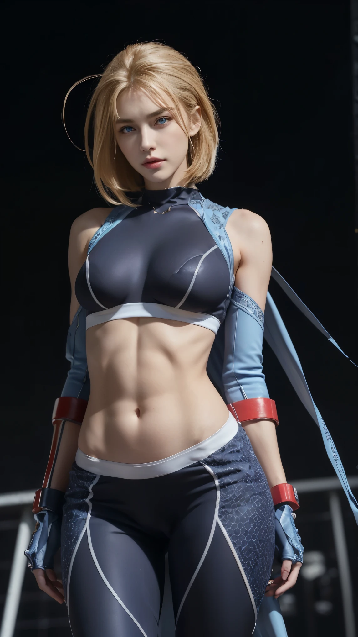 8K, Top Quality, Intricate Details, Ultra Detail, Ultra High Resolution, Masterpiece, close up shot, (full body: 1.1), Slender, Smile, ((smirk)) (Makeup: 0.4), ((,)), (Fluffy blue Eyes: 1.21), (()), 1girl, solo, 1 girl, ((cammy white, blonde hair, bangs, short hair, blue eyes, antena hair, abs, scar on cheeks )), close up shot, , ((tall)), (((fit body))), (((slim face))), sharp face, (( wind blow, strong wind, wind blow hair, wind blow,)) , (detailed face), sharp face, small lips, ((futuristic suit,)), , ((cyber suit, Cyberpunk Mech suit,)), detailed face, detailed breast,((abaya)) , ((detailed nipples)), detail ass, Narrow Waist, Skinny, tall , 175 cm tall, Muscular, Navel, Exposed Abdomen, Pointed Chest,, Beautiful girl with accentuated slender abs: 1.4, Six Pack Abs: 1.4, Bust Botox, Big, Perfect Body, detail leg, (( dark background)), black background,