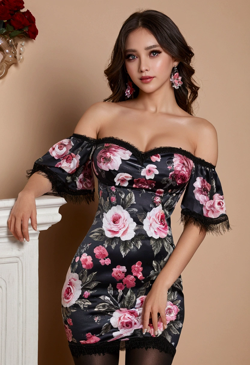 masterpiece, Highest quality, High resolution, sa1, Floral off-shoulder dress, Black Stockings, Sparkling eyes, False eyelashes,Seduce by showing your nipples