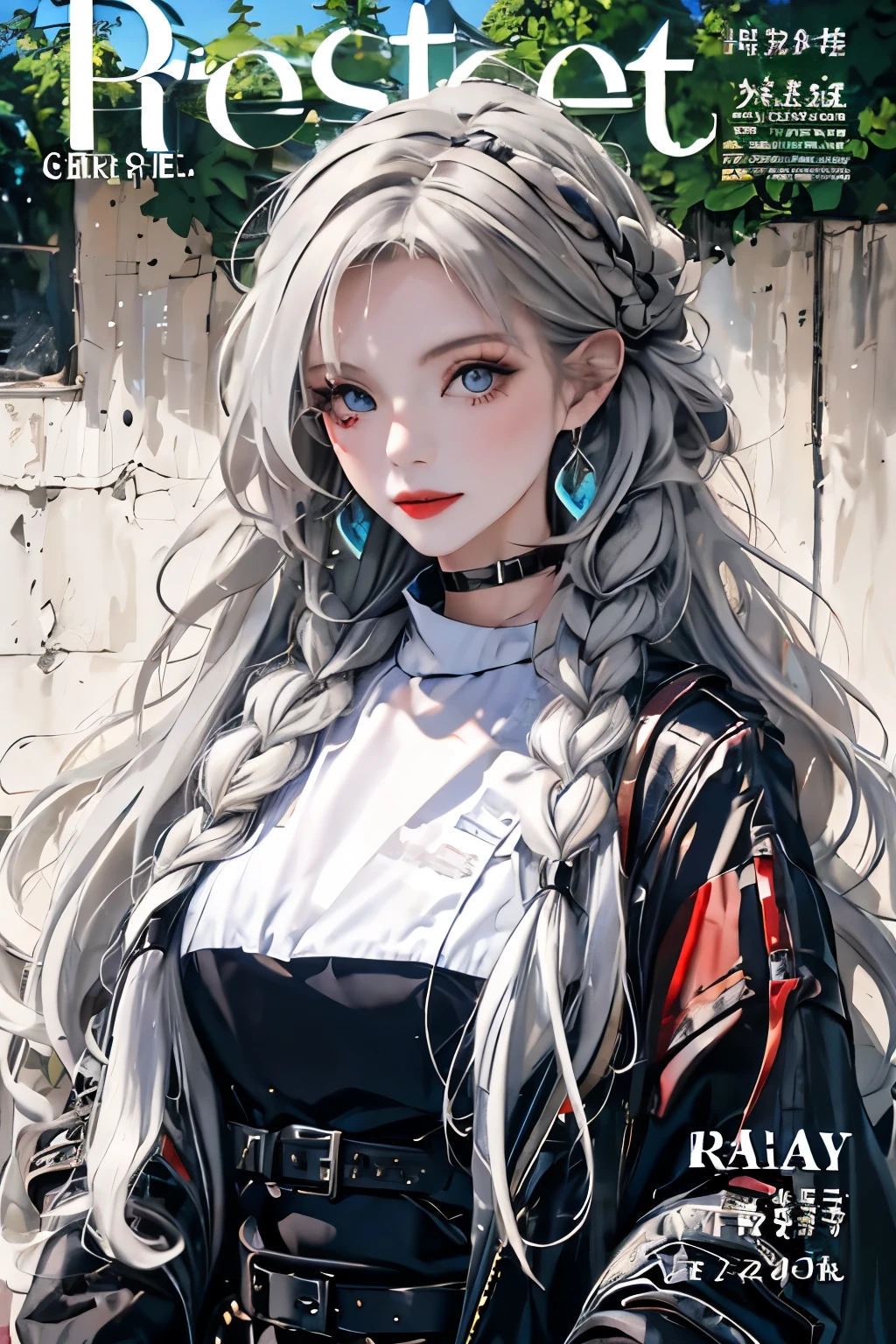 masterpiece, The face is precise(((must))), best quality, Gothic outfit, A Russian girl in her early 20s with colorful ash gray hair, Gothic makeup,outdoor, magazine cover ,upper body,