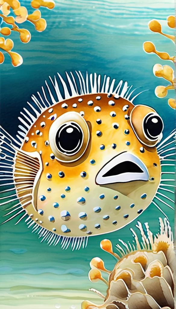 Blowfish watercolor painting Japanese luxury puffer fish