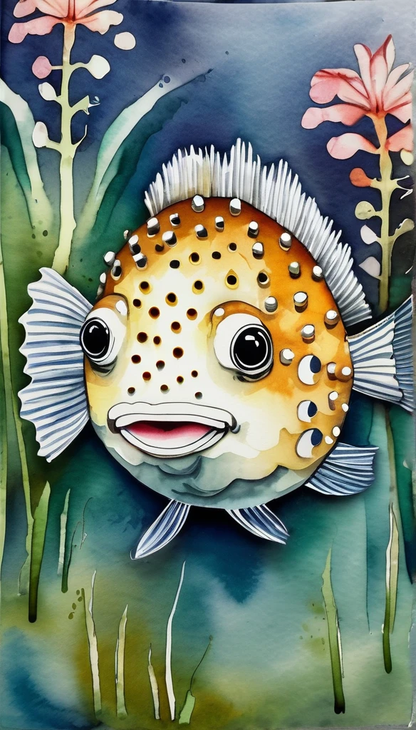 Blowfish watercolor painting　Japanese luxury puffer fish