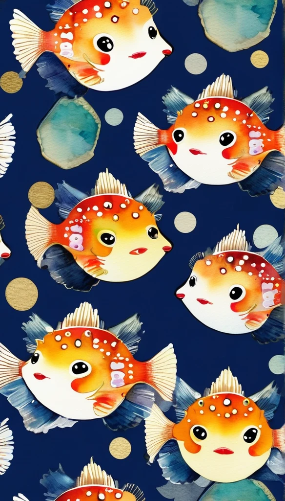 Blowfish watercolor painting　Japanese luxury puffer fish