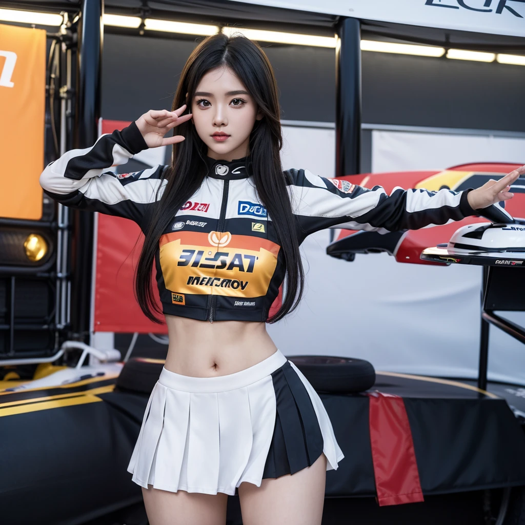 Ultra detailed face、Cool woman、Colorful costumes、F1 Driver Cosplay、Colorful costumes、Clothing with company logo、Grid Girlsのカラフルで派手な衣装、Grid Girls、Perfect Face、Paddock Girls、Harem、motor Show、tights、Bodycon Costumes、Grid Girls、Russia、Grid Girlsのコスプレ、belly button、Pleated skirt、Bodycon Costumes、Photographed in a sexy pose