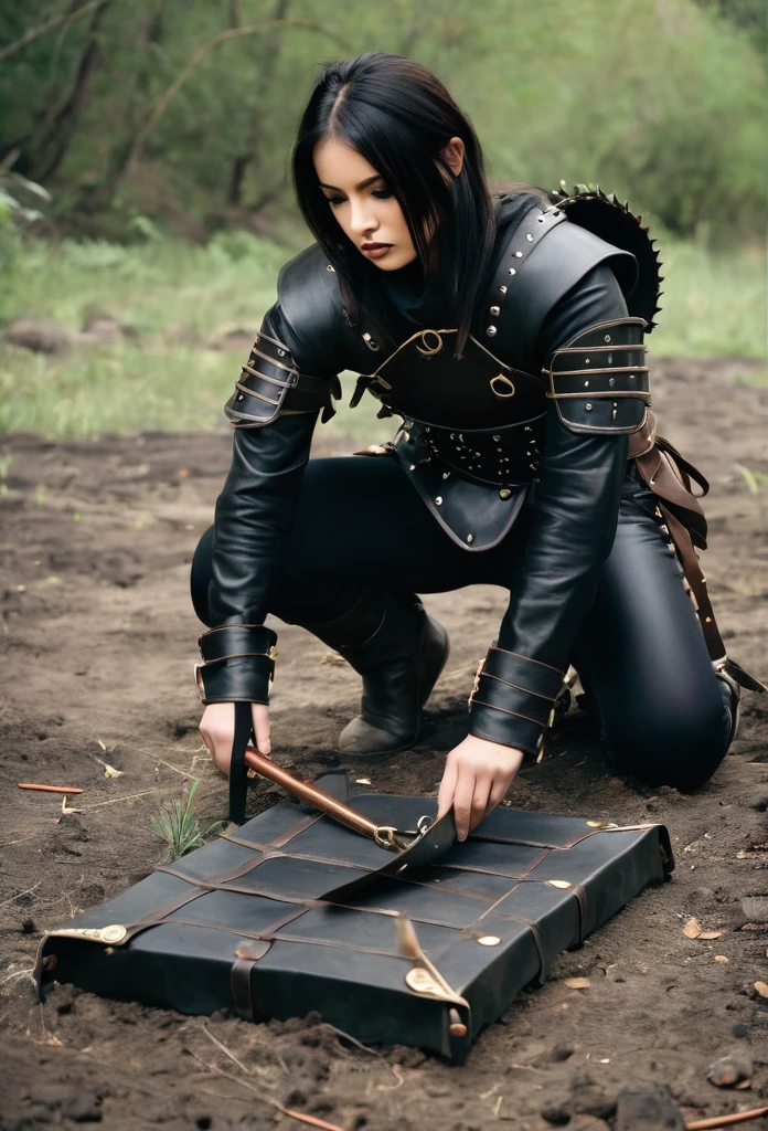 A warrior wearing black leather clothing setting traps on the ground 