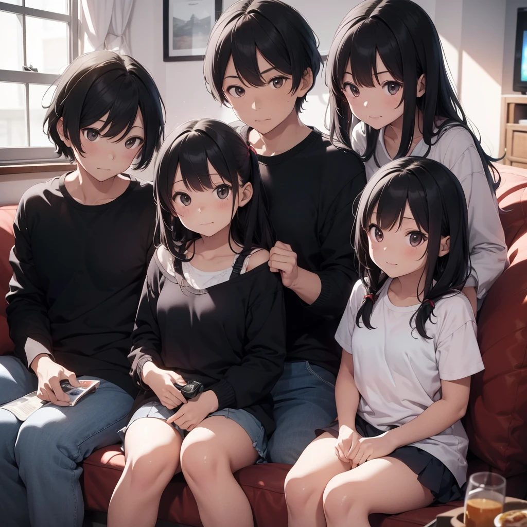 Chinese family sat on the sofa, feel the fast and happy life brought by 5G life together, two children, a boy, a girl, on the left side of the sofa sits grandma, next to the boy snuggled next to grandma, on the right side of the sofa sits grandpa in the middle of the girl, dad, mother standing behind the sofa, 8k photos, advertising images, family portraits, HI-Res scan, high resolution scan, TV still images, TV shows, TV, photos taken with Canon EOS-1D X Mark III, warm light, Full HD .1080P, 2K, 4K, 8K, Extreme Detail, APS-C format camera, refers to a camera with a sensor size smaller than a full-frame camera