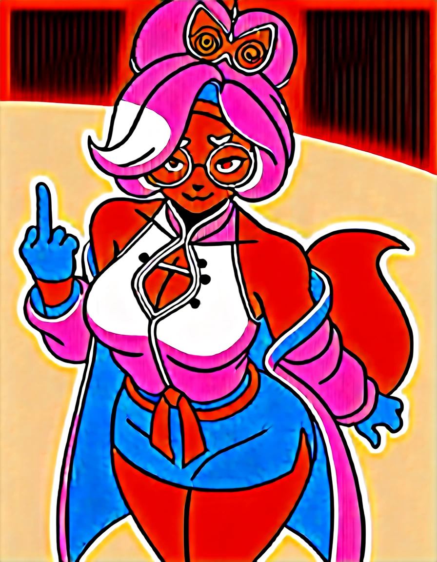 score_9, score_7_up score_6_up, score_5_up, source_furry, BREAK Anthro, antbro furry arctics fox, fox ears and tail, snout, one eye covered,purah,hair ornament, red headband, red glasses, sleeveless shirt, white coat, black skirt, red leggings, gloves,from above,looking at viewer,abstract background,flower petals,light particles,smug,closed mouth,middle finger