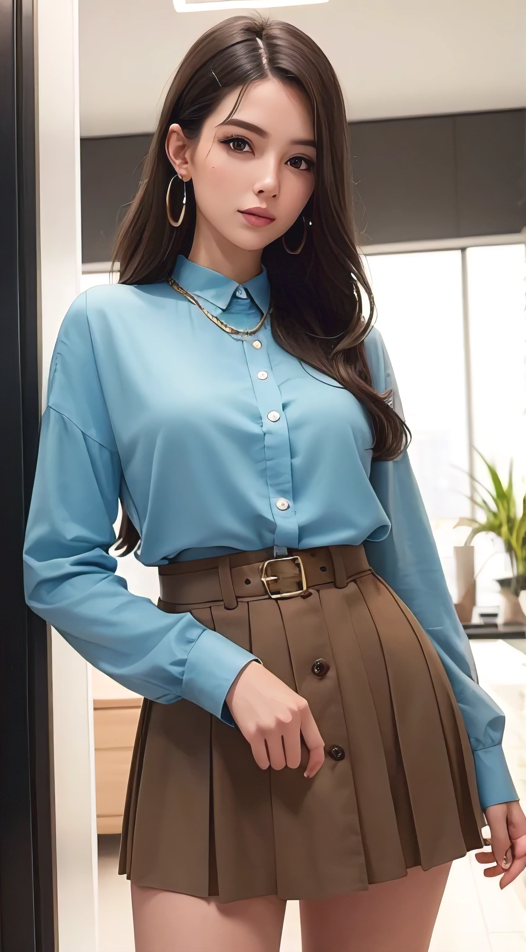 European and American women, Fashion Model, Wearing a blue fluffy dress, Glamour, Paparazzi take pictures of her, Blonde, Brown eyes, 8k, high quality, masterpiece, 最high quality, High resolution, Very detailed, Volumetric lighting, Realistic,white long sleeve button up blouse_brown pleated mini skirt、gold necklace_Large earrings、Super long golden hair,Hair with loose waves inside _Hair reaching down to the waist,in the stylish office at night、shy smile、