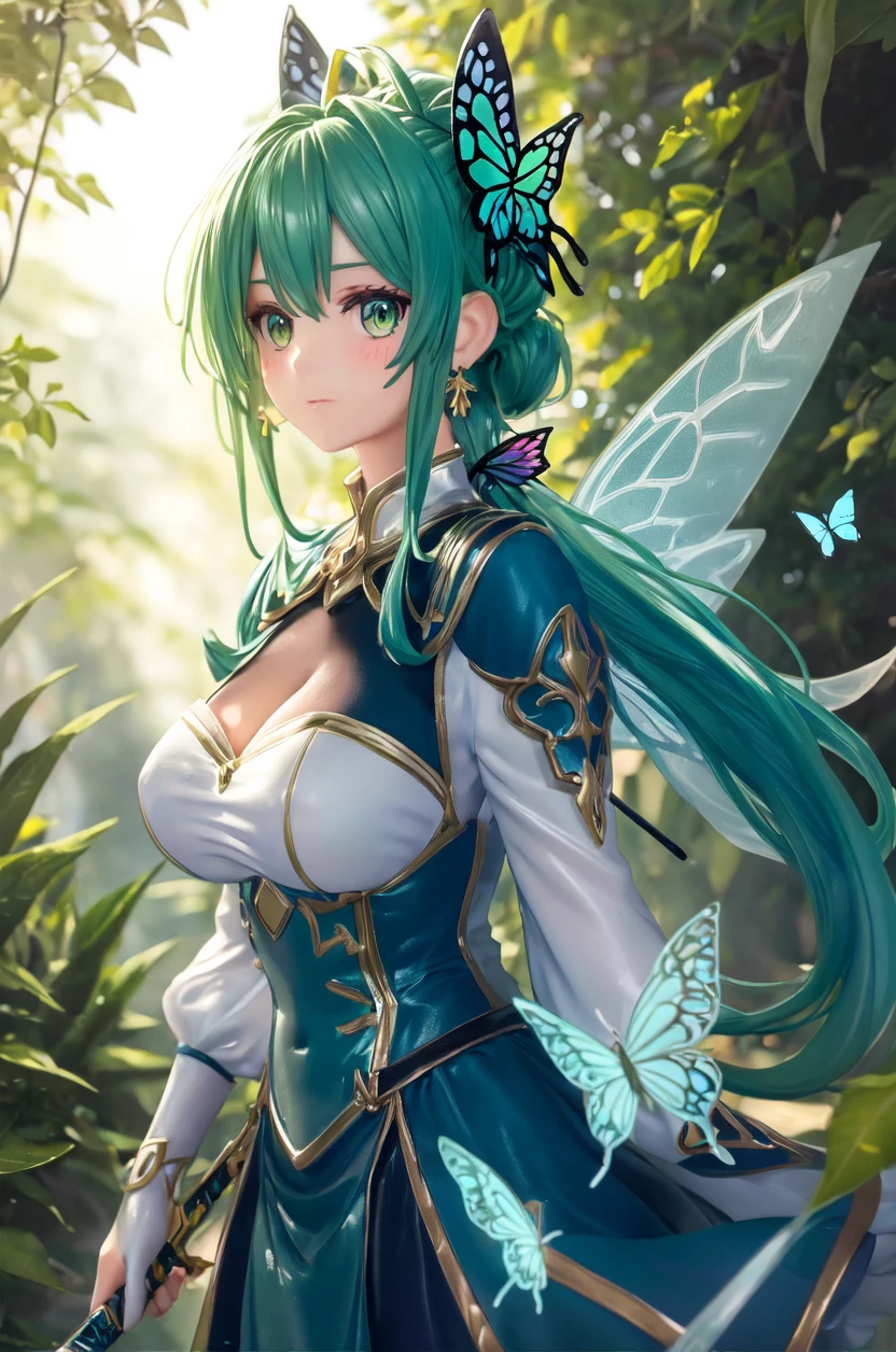4K,High resolution,One Woman,Fairy,Blue Hair,Long Ponytail,Green Eyes,Big Breasts,Green butterfly_wings,knight,White knight dress,hair band,Jewelry decoration,Long sword,in the forest
