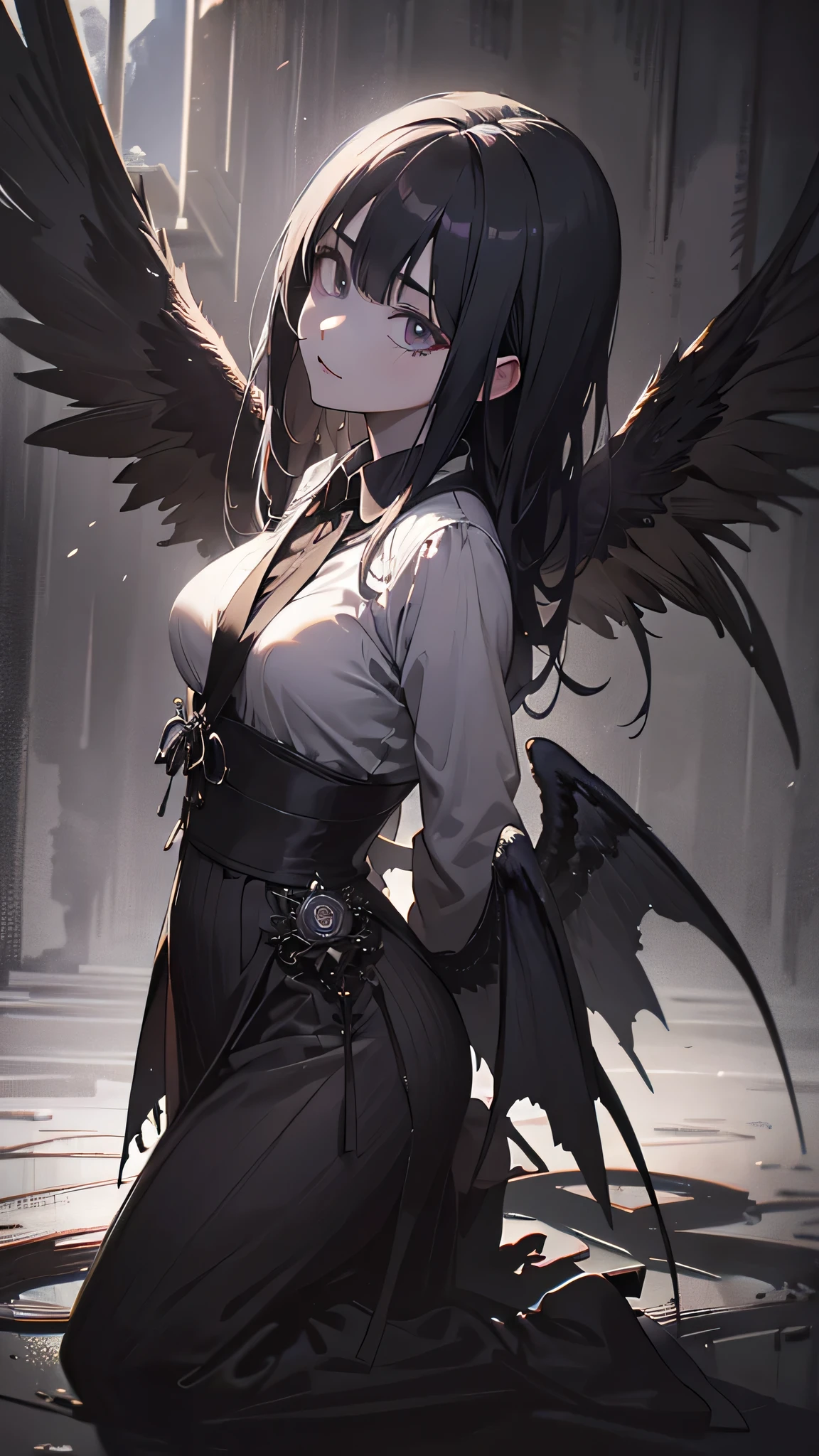 a young japanese girl, demon, demonic wings, abandoned church, full body view, low angle shot, (best quality,4k,8k,highres,masterpiece:1.2),ultra-detailed,(realistic,photorealistic,photo-realistic:1.37),detailed facial features, beautiful intricate eyes, long eyelashes, sharp focus, cinematic lighting, dramatic shadows, moody atmosphere, dark fantasy, gothic, muted color palette, dramatic lighting