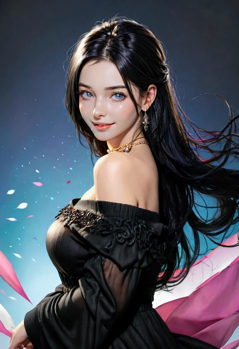 (Tabletop, Digital Art, Digital Illustration, 4K, 8k, Very detailed, Beautiful images, Clear images, Realistic, RAW Photos, Perfect Face, Perfect Lines, Perfect Eyes, Soft lighting) ,1 female, (Long black hair,Bullish gaze,Beautiful woman,Mouth closed,Grin,mature,thin,19-year-old female,:1.3),Wearing an off-the-shoulder black sweater, She looks at the viewer.、Earrings and necklace in rose gold、Black and blue gradient background