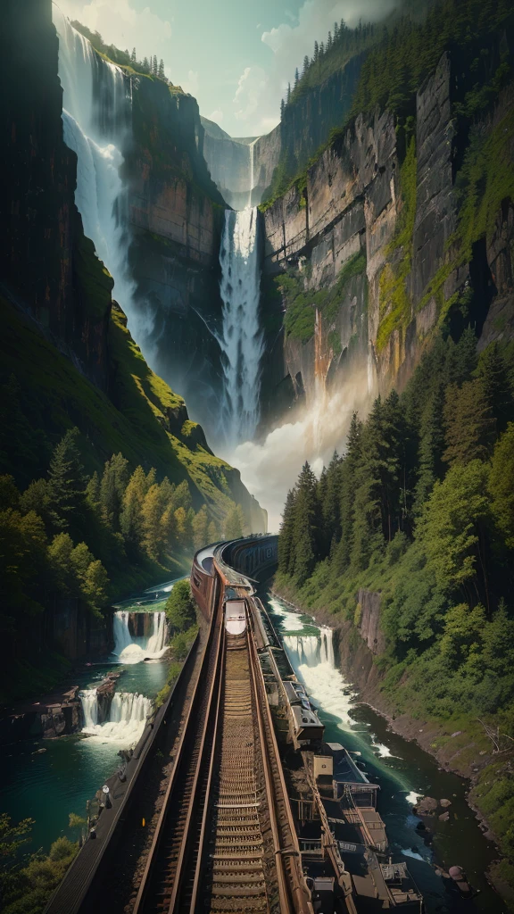 there is a train that is going down the tracks near a waterfall, Jason A. Engle, Ryan Dyer, railway, Adventure Hyper Real Rendering, max rive, Johannes Voss, unsplash Contest winning photo, train far, Mark Adams, Endless Waterfall, Magnificent and beautiful landscapes, Matte painting of steam machinery, train, majestic nature scenery, Breathtaking composition