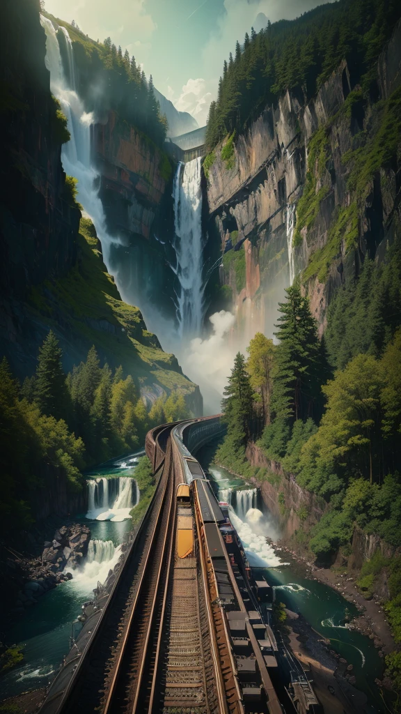 there is a train that is going down the tracks near a waterfall, Jason A. Engle, Ryan Dyer, railway, Adventure Hyper Real Rendering, max rive, Johannes Voss, unsplash Contest winning photo, train far, Mark Adams, Endless Waterfall, Magnificent and beautiful landscapes, Matte painting of steam machinery, train, majestic nature scenery, Breathtaking composition