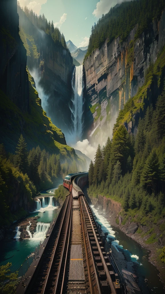 there is a train that is going down the tracks near a waterfall, Jason A. Engle, Ryan Dyer, railway, Adventure Hyper Real Rendering, max rive, Johannes Voss, unsplash Contest winning photo, train far, Mark Adams, Endless Waterfall, Magnificent and beautiful landscapes, Matte painting of steam machinery, train, majestic nature scenery, Breathtaking composition