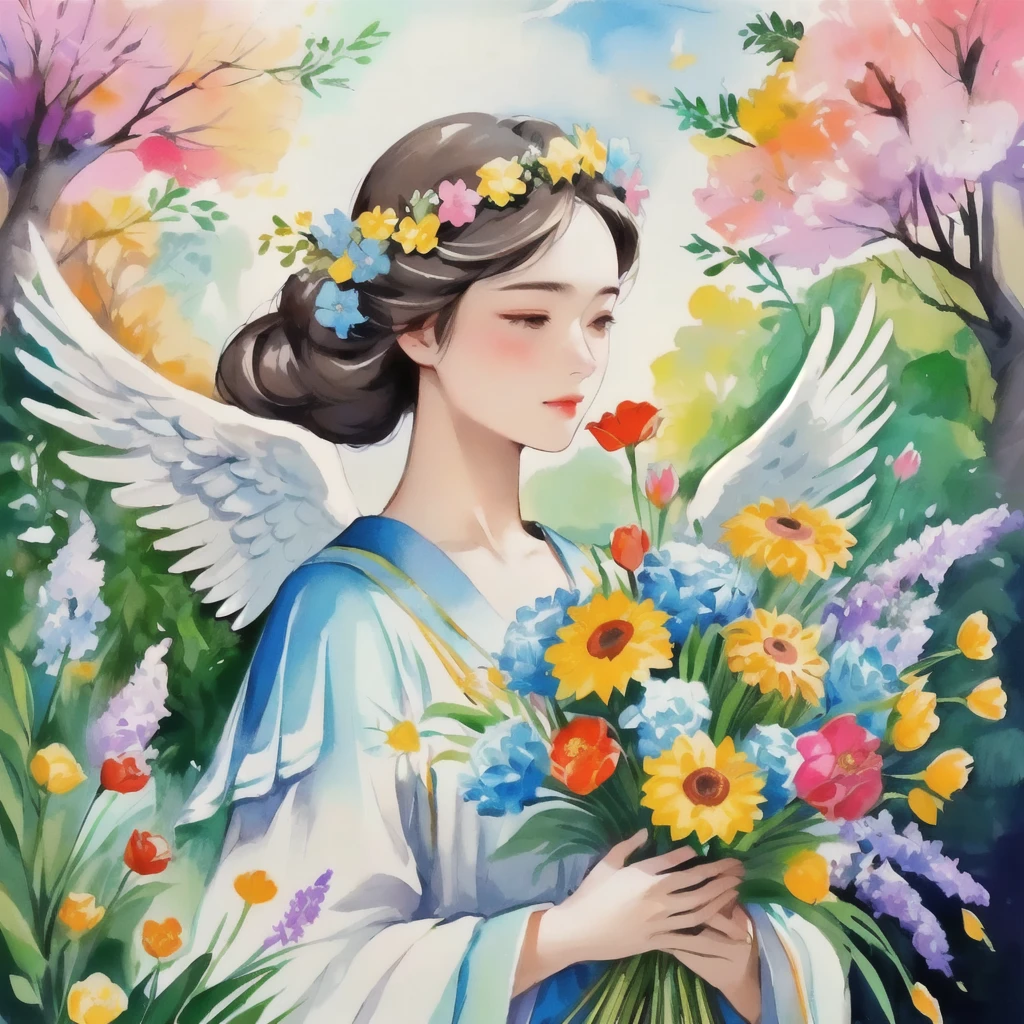 A woman holding a bouquet in a garden, portrait of a Beautiful angel, Beautiful angel, goddess of spring, of Beautiful angel, Beautiful woman angel, of an beautiful Angel Girl, Marie Angel, beautiful Angel Girl portrait, Angelic, Angelic絵がいっぱい, Angel Girl, Beautiful artwork illustration, Goddess of love and peace, Flower Goddess