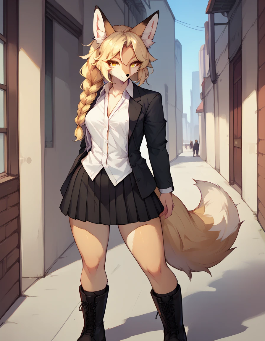 Solo, score_9, score_8_up, score_7_up, score_6_up, score_5_up, score_4_up, kemono style, Anthro, a cute yellow furry fox girl, Kimiko, blonde braided hair, yellow eyes, yellow furry body, fox ears and tail, standing, wearing white dress shirt, black blazer. black skirt, black combat boots