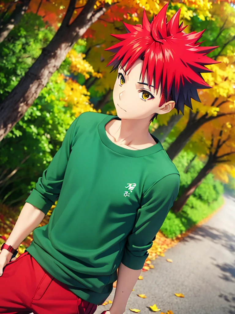 Yukihira red hair wearing a green  walking while smoking in autumn, HD, 4K, 3D 