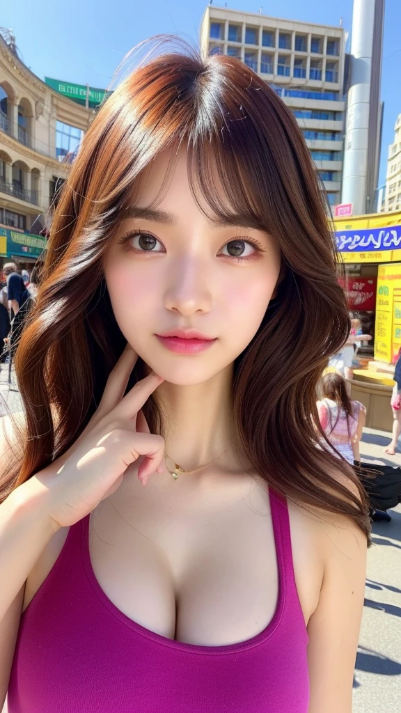 (best quality, 8k, 32k, masterpiece, UHD:1.2), ultra high resolution, (pretty a Korean early teen girl), 13 years old, portrait, beautiful detailed eyes, semi long brown wave fluffy hair, bangs, (wearing magenta tank-top), large breasts, cleavage, (crowded city boulevard on a bright sunny day:1.3), (detailed background:1.5)