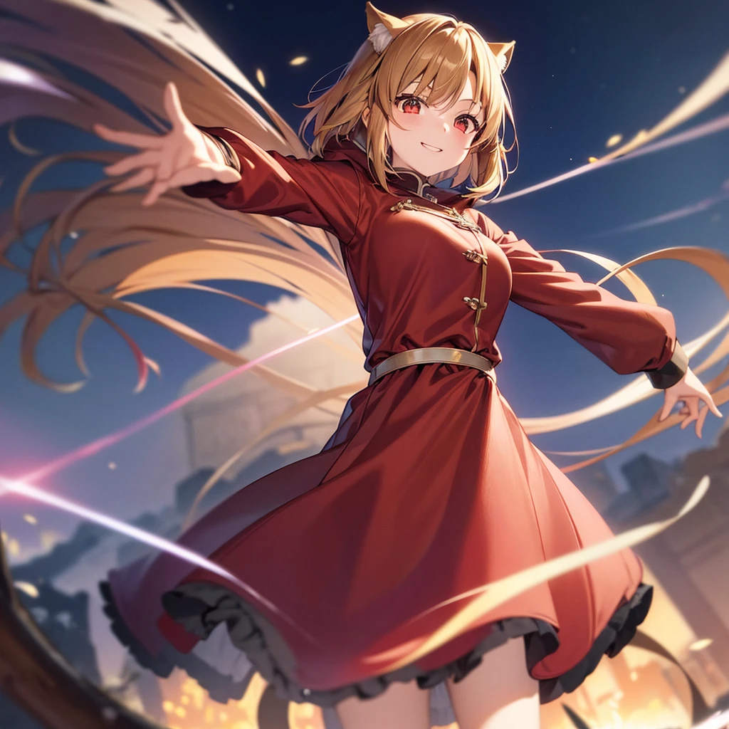 asuna,sao, crown half up hairstyle,, View from below, outstretched arms, Perfect female body, 1 girl, very short hair, hime cut, parted bangs, light brown hair, evil smile, animal ears, huge breasts, deep red eyes, looking over eyeware, fur trim, dress, jacket|hoodie, black gauze skirt, red Clothes, dusk, dusk sky,