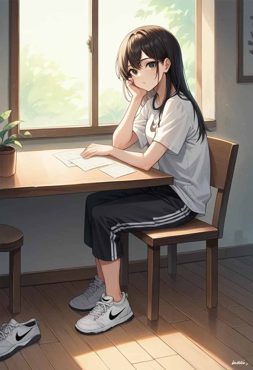 "A super realistic Full HD image showing a pair of Nike sneakers on a rustic wooden table. The sneakers are white with black details and the Nike logo visible on the side.. The scene is illuminated by natural light that enters through the window in the background., creating soft shadows and highlighting the sneakers' textural details. No fundo, there is an exposed brick wall and a green plant in a pot, adding a touch of color and nature to the environment. The image conveys a feeling of quality and modern style."