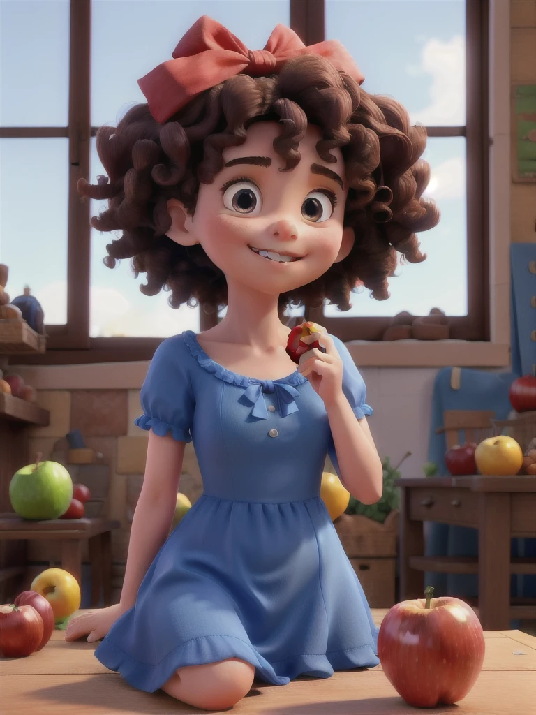  3d , biting an apple, with blue dress and red ribbon on her head, with curly hair
