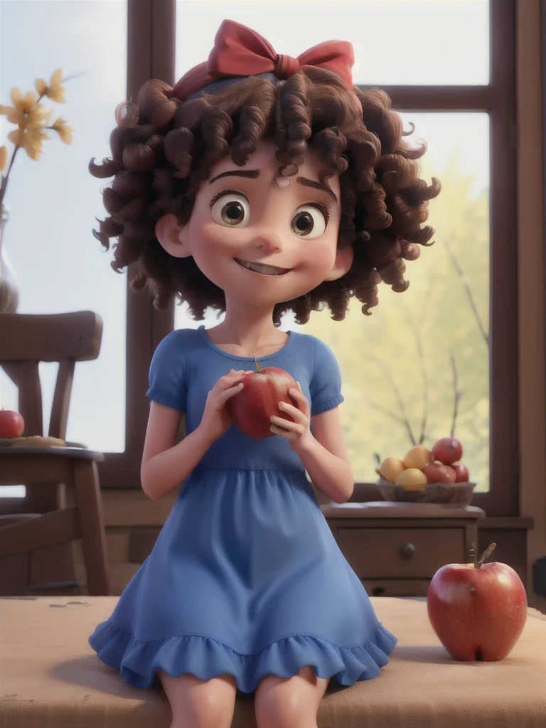 3d , biting an apple, with blue dress and red ribbon on her head, with curly hair