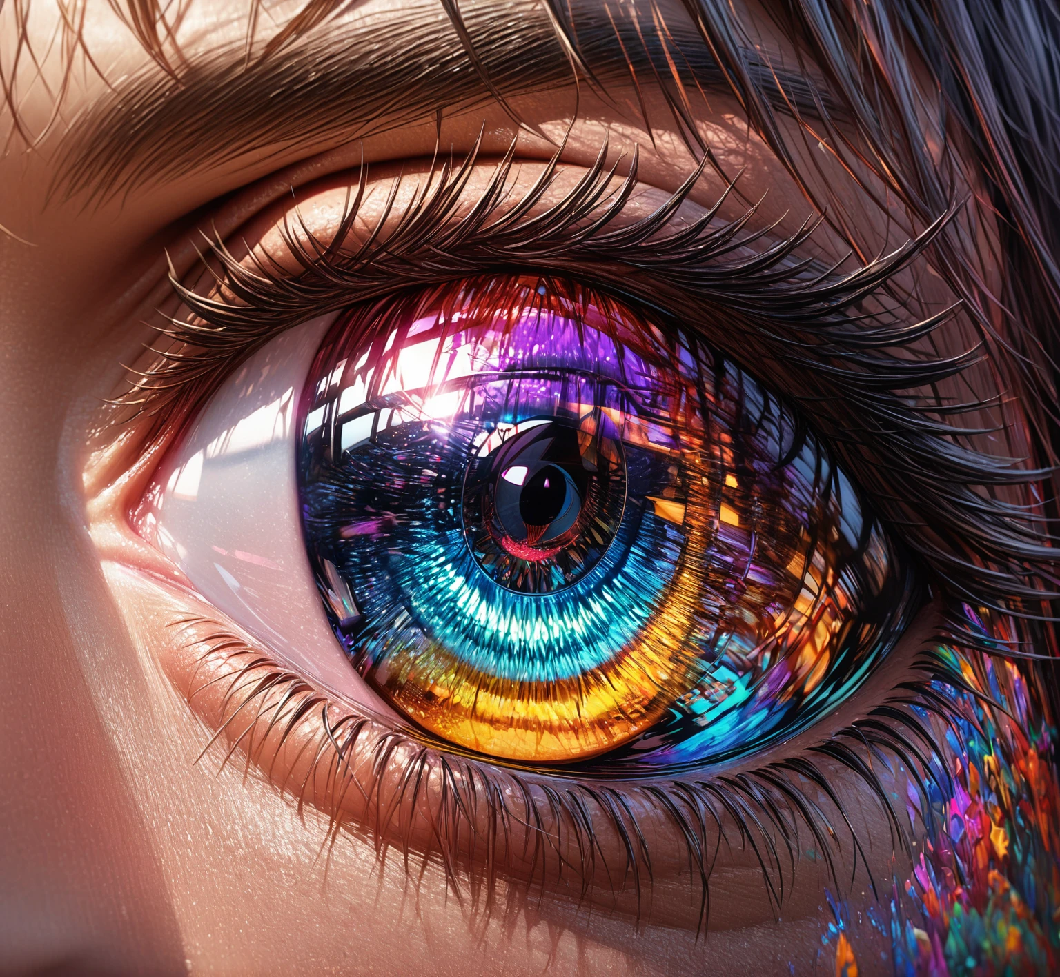 Eye, Camera lens, white, red, purple, green, pink, 8k unity wallpaper, super detailed(best quality,ultra details,photorrealistic:1.37),(realistic lighting),(swirly vibrant colors),(sharp focus),(Extremely detailed description),
(hyperrealistic eye),(close up),(only the eye is seen),(long black eyelashes),(bright pupil),(luminescent iris)