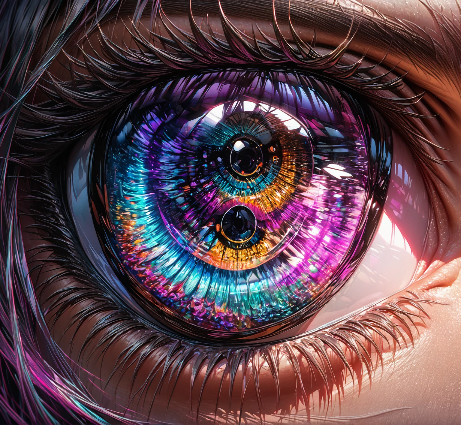 Eye, Camera lens, white, red, purple, green, pink, 8k unity wallpaper, super detailed(best quality,ultra details,photorrealistic:1.37),(realistic lighting),(swirly vibrant colors),(sharp focus),(Extremely detailed description),
(hyperrealistic eye),(close up),(only the eye is seen),(long black eyelashes),(bright pupil),(luminescent iris)