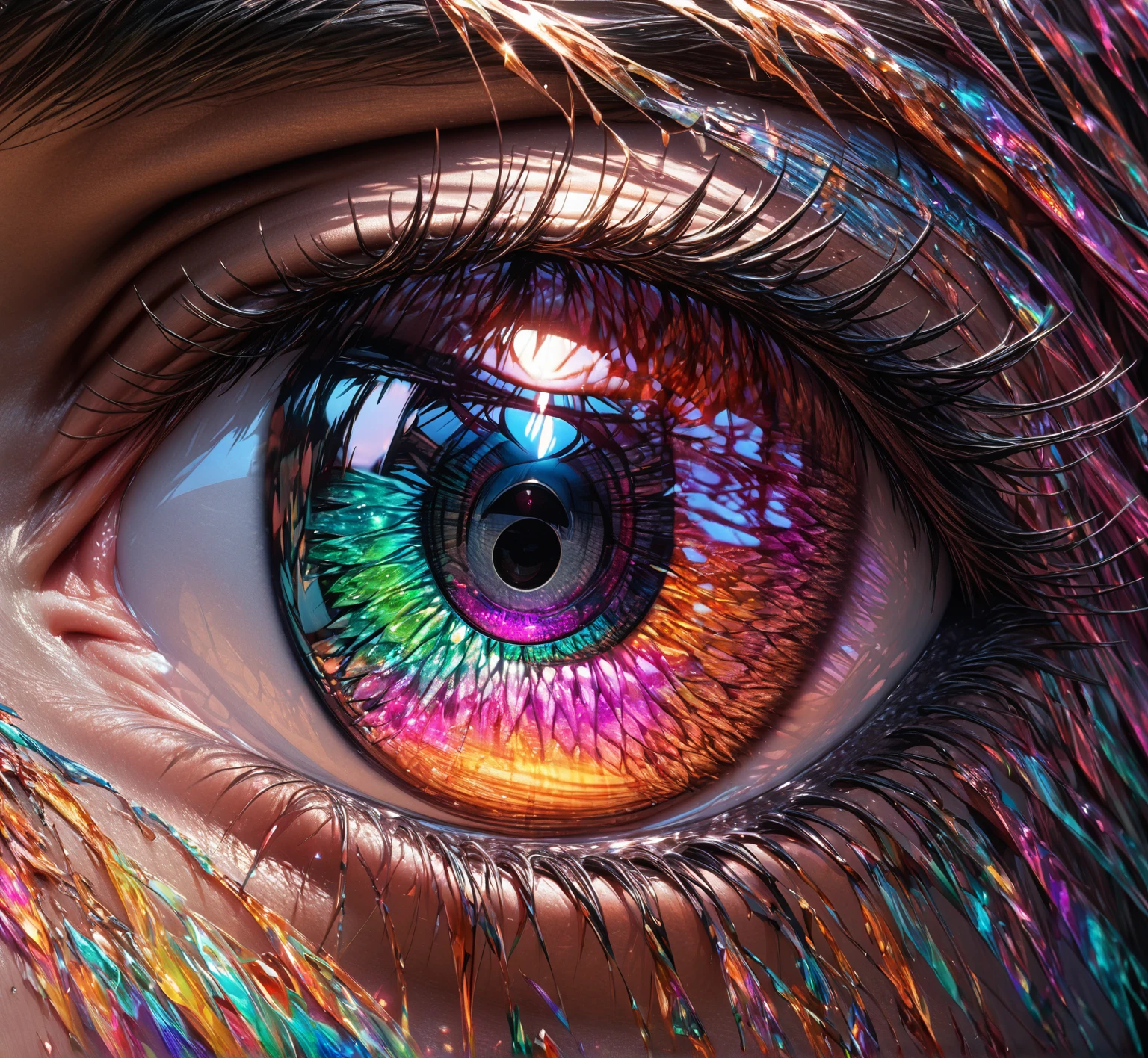 Eye, Camera lens, white, red, purple, green, pink, 8k unity wallpaper, super detailed(best quality,ultra details,photorrealistic:1.37),(realistic lighting),(swirly vibrant colors),(sharp focus),(Extremely detailed description),
(hyperrealistic eye),(close up),(only the eye is seen),(long black eyelashes),(bright pupil),(luminescent iris)