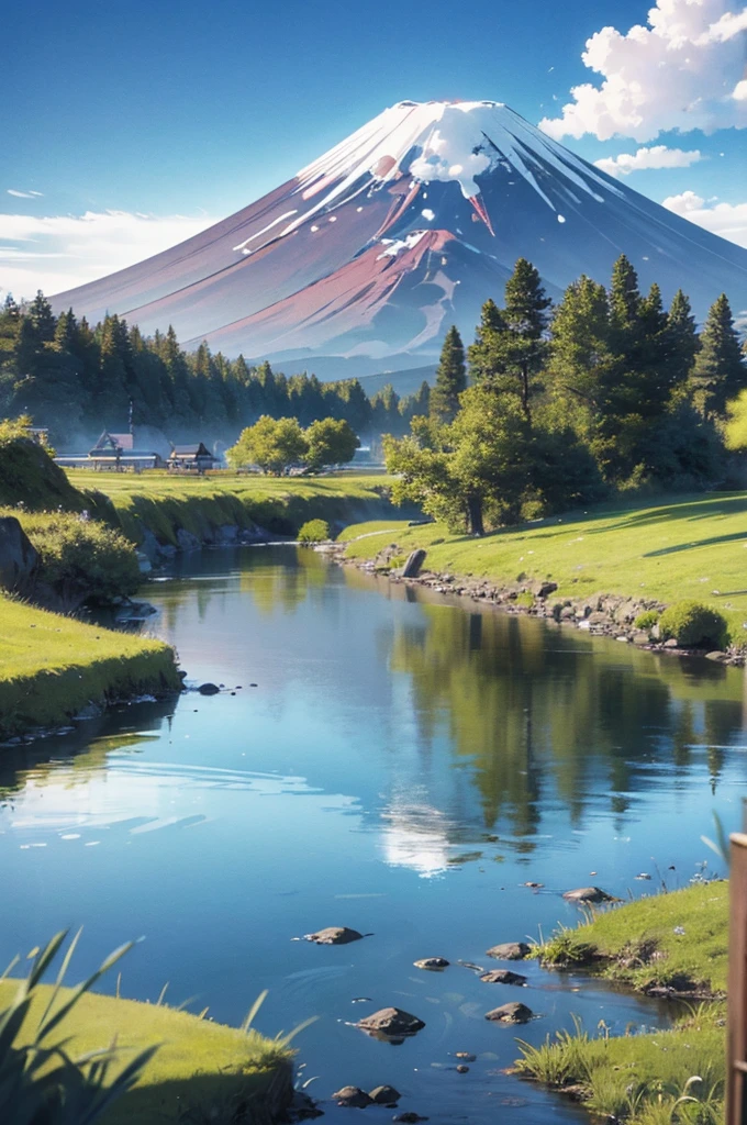 Mount Fuji and a tranquil lake landscape　thick outline　Coloring book