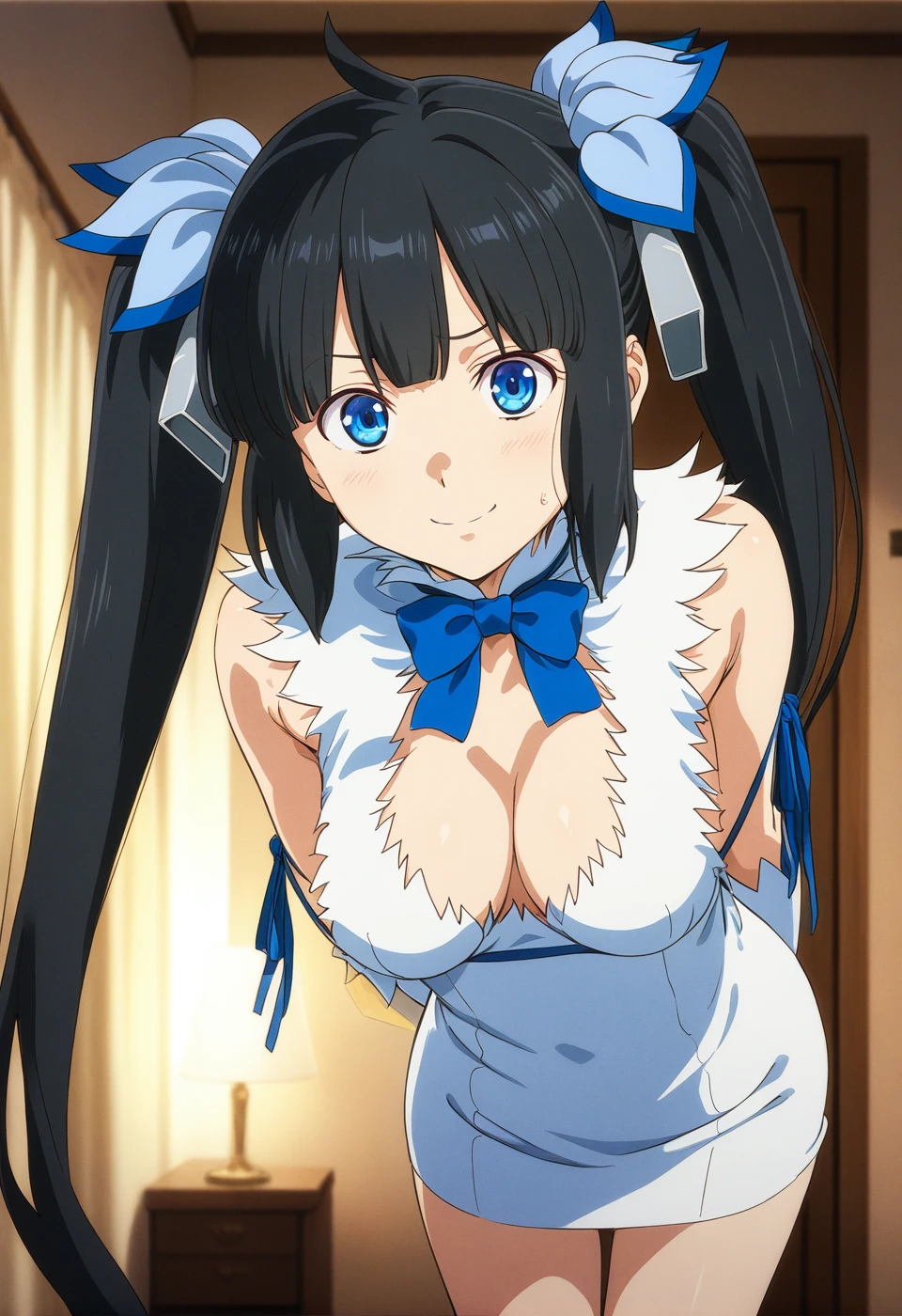 best quality, amazing quality, very aesthetic, absurdres, (1girl, hestia, danmachi:1.5), long hair, blue eyes, blue ribbon, black hair, twintails, big breasts, (gown:1.8), (night, thigh:1.3), (cowboy shot), (), (from above0.7), (long hair, adult), (bent over, arms behind back:1.4), (blush:0.7), angry, expressive eyes, perfect face, 4k, extremely detailed anime illustration, extremely detailed eyes, perfect anatomy, light rays, extremely delicate body, smooth skin, (bedroom background:1.5), clear eyes, beautiful face, smiling at viewer, (anime style:1.7), (cinematic Light:1.5), (highres:2),