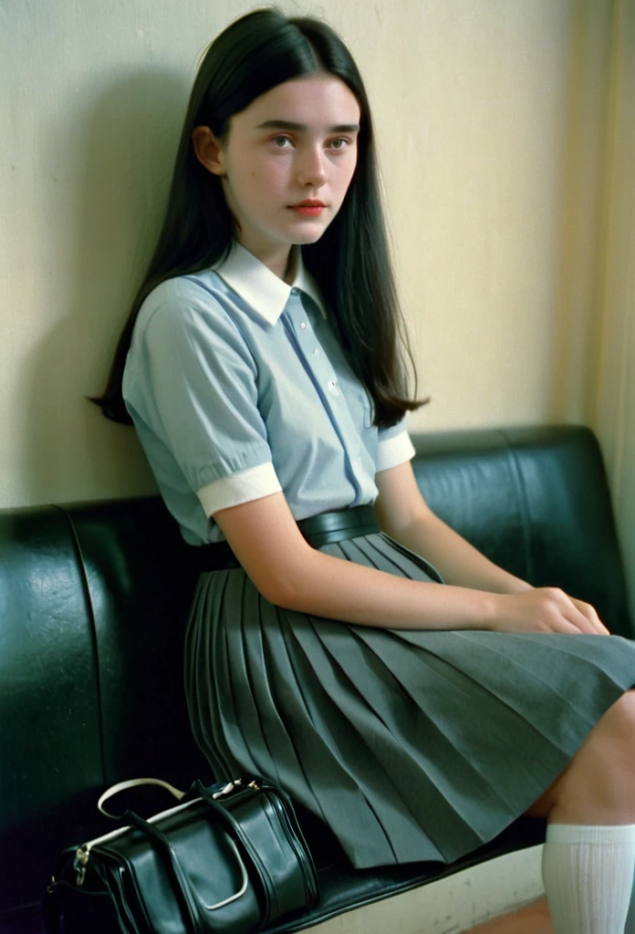 90s high school girl, white short sleeves shirt with grey pleated midi skirt and white socks. Long black hair and a sling school bag. Sitting on a leather couch. Shallow depth of field, shadows, grainy, seductive analog lofi (by Oleg Oprisco Laura Makabresku), wall, calendar of 1993, dimly lit, potted plant
