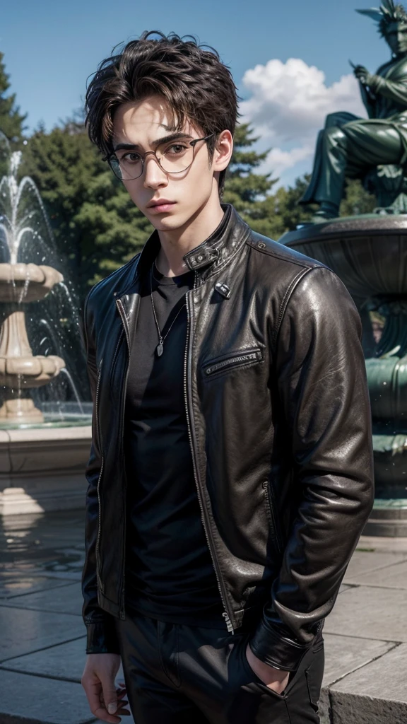 Anime style,Simon Lewis shadowhunters an attractive handsome man with slender short brown spiky wavy hair, dark brown eyes, modern glasses, torso muscular, wearing a black leather jacket, geek shirt, black pants, in the background of a square with a fountain with angel statue wings open