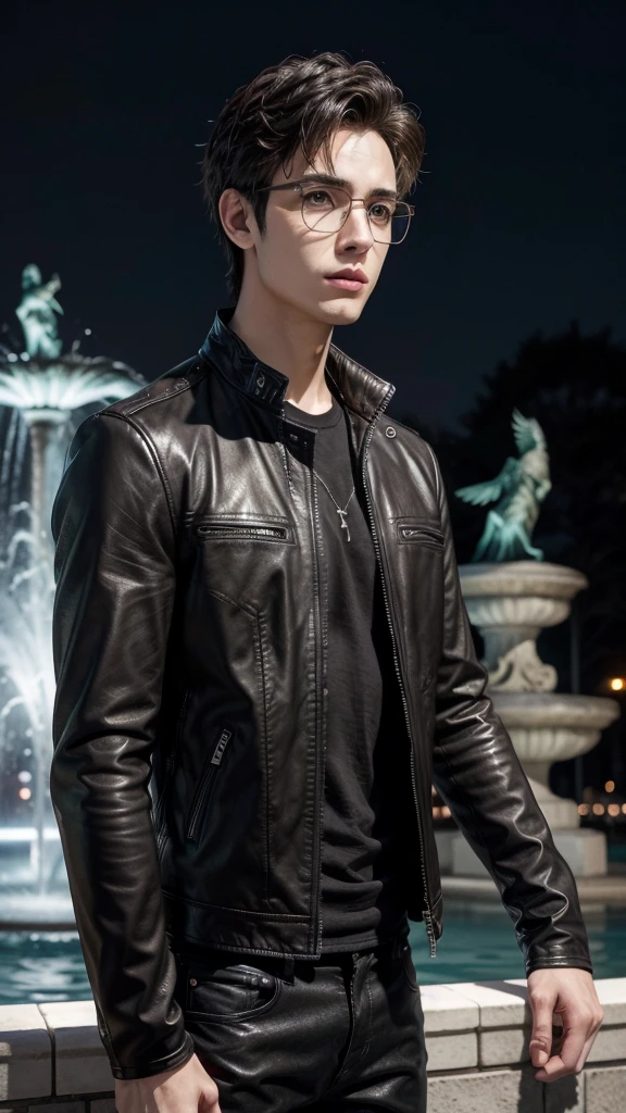 Anime style,Simon Lewis shadowhunters an attractive handsome man with slender short brown spiky wavy hair, dark brown eyes, modern glasses, torso muscular, wearing a black leather jacket, geek shirt, black pants, in the background of a square with a fountain with angel statue wings open