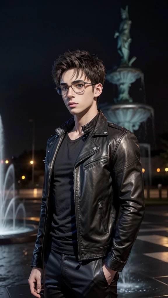  Anime style,Simon Lewis shadowhunters an attractive handsome man with slender short brown spiky wavy hair, dark brown eyes, modern glasses, torso muscular, wearing a black leather jacket, geek shirt, black pants, in the background of a square with a fountain with angel statue wings open