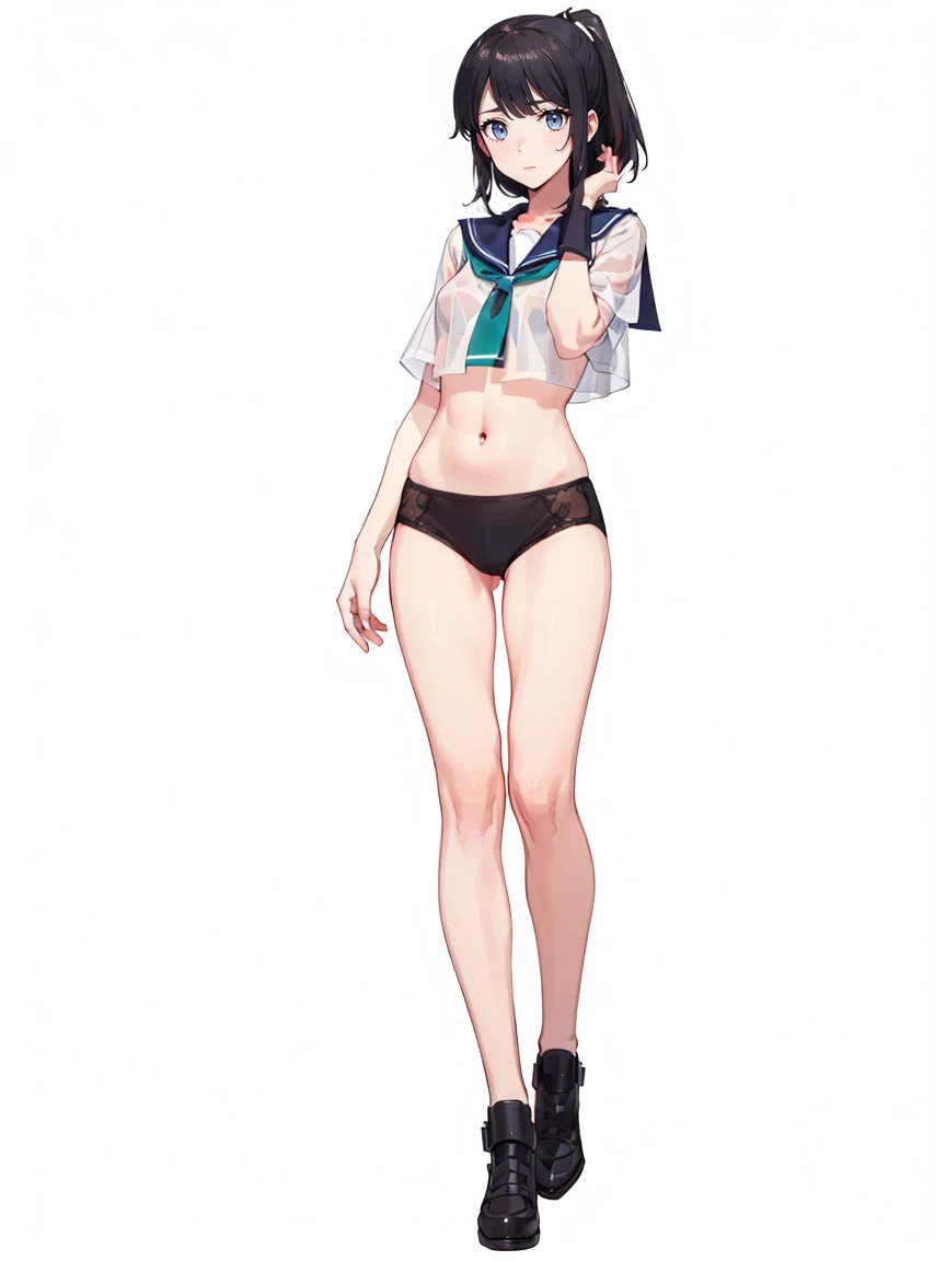 (( Fleet Collection、Kantai Collection、Yao、standing,multiple views、)),((Sailor suit、topless、breasts out,belly button、Bottomless))、woman,Full body photo, ((white background))) 、Best image quality, high quality, The background is clear，きれいなwoman, Japanese, detailed, detailed eyes, detailed skin, Beautiful Skin, 超High resolution, (reality: 1.4),とても美しいwoman, A  younger face, Beautiful Skin, thin, (Ultra-photorealism), (High resolution), (8k), (非常にdetailed) 、(Beautiful and detailed eyes), (非常にdetailed), (detailed face), Displaying the viewer, Fine details, detailed face, smile,Straight,Looking Ahead, StraightLooking Ahead, Photo Real, Baby Ftyle: ponytail、short hair,Brown Hair、smile、Very delicate body、Flat Chest、hair over one eye, from below,　((white background))) 、