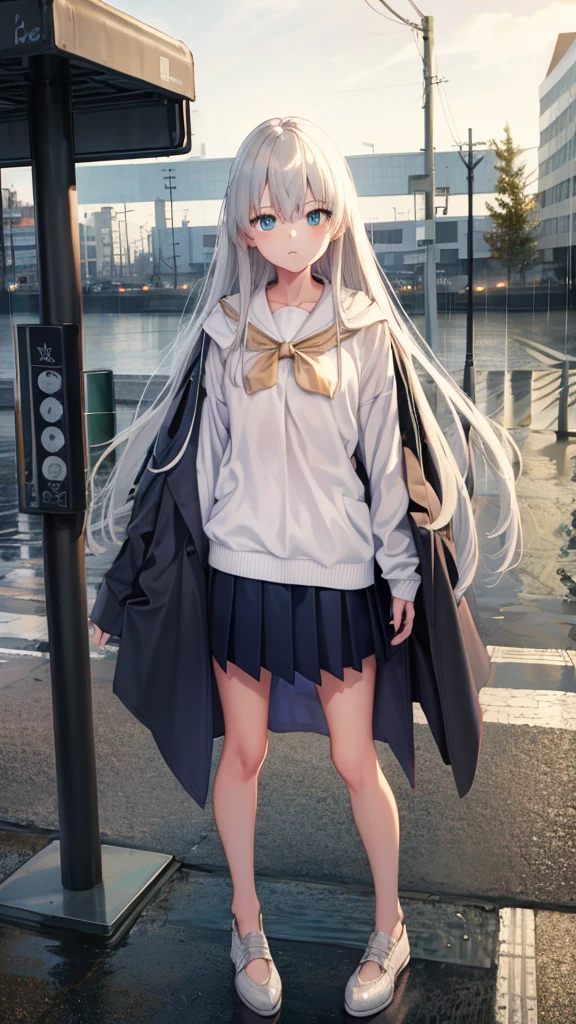 skirt, (Unbroken body), (Perfect body structure), (arms two), (legs two), highest quality, 4K, (High resolution: 1.3) masterpiece , 1.2, Super detailed, HDR, Studio Lighting, Sharp Focus, Bright colors, Portrait, Warm tones, Soft Lighting,Silver Hair、Blue Eyes、long hair、Rainy bus stop、Standing picture, front