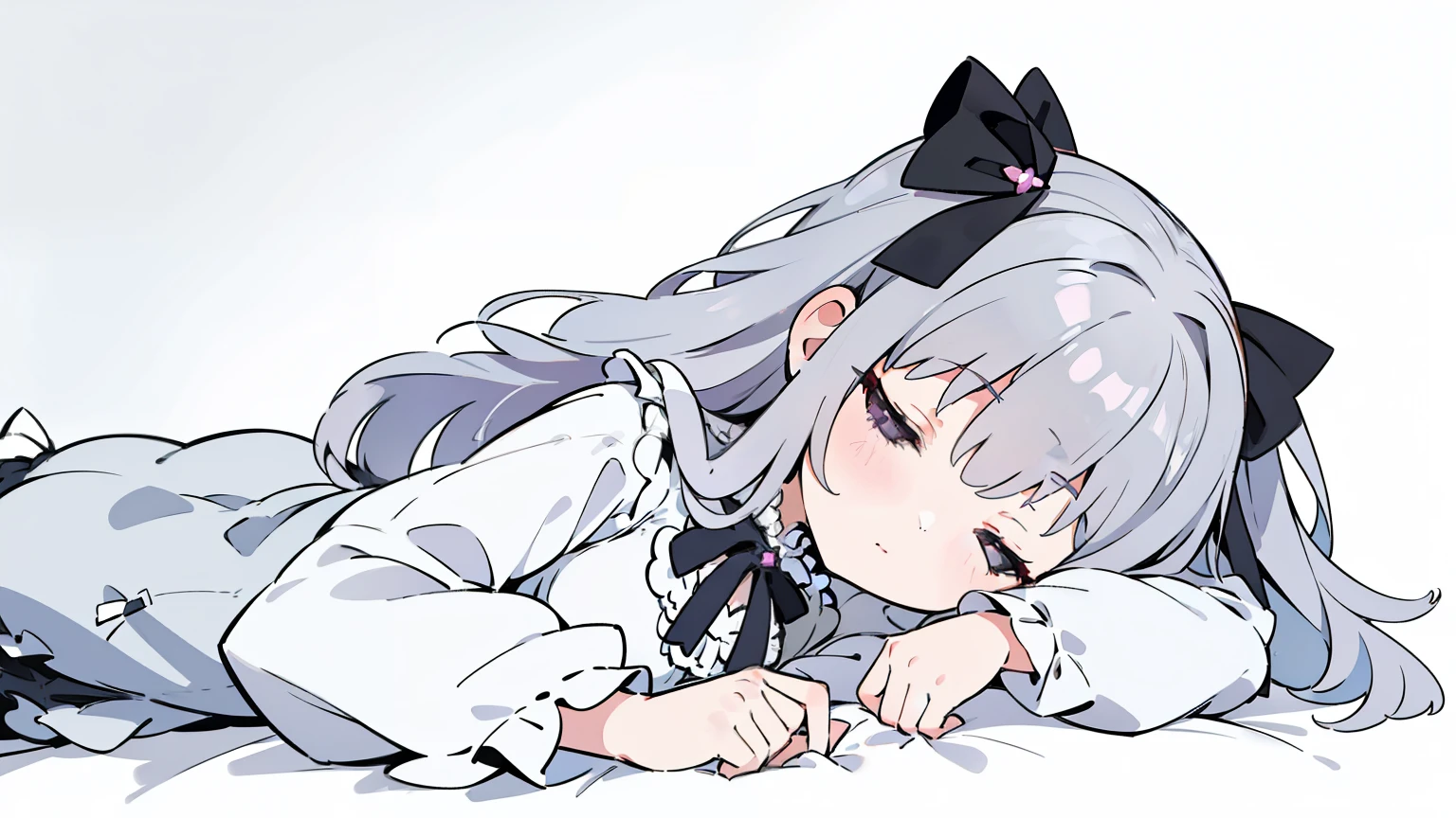 masterpiece, beautiful detailed, 1girl, (ta fashion), Silver Eyes, Silver hair, Hair Ribbon, medium breasts, hair ornament, hair intakes, lie face down, ((sleep)), pastel color, (((bold outline))), limited palette, ((no background: 1.4)),
