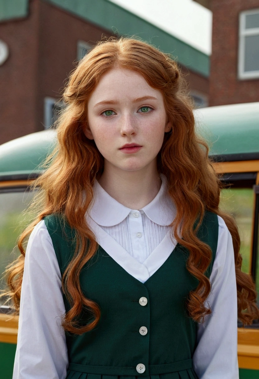A girl, 20 years, redhead, wavy hair, very long hair, of collections, pale white skin, green eyes, small roof rack, small nose, nose turned up, round face, split chin, Small ears, in a school dress, 16k, highres, best quality, award winning, high details, textured skin, super detail, anatomically correct, masterpiece