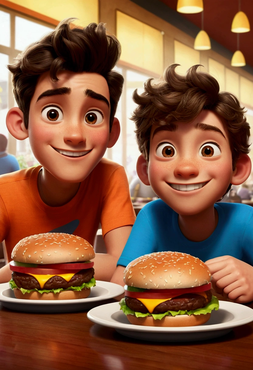 An illustration of two adorable friends, formed by two male teenagers, with beautiful expressive eyes. They are in a cafeteria eating two burgers, each with a smile on their face, and share a special moment characterized by friendship, Perceptions. Illustrate this scene from a perspective where they are facing the camera, Smiling and showing your connection. Develop this art in Full HD, Focus on your cinematic talent, Estilo Disney Pixar Animations. Zoom in on the final image, making the characters' entire bodies appear