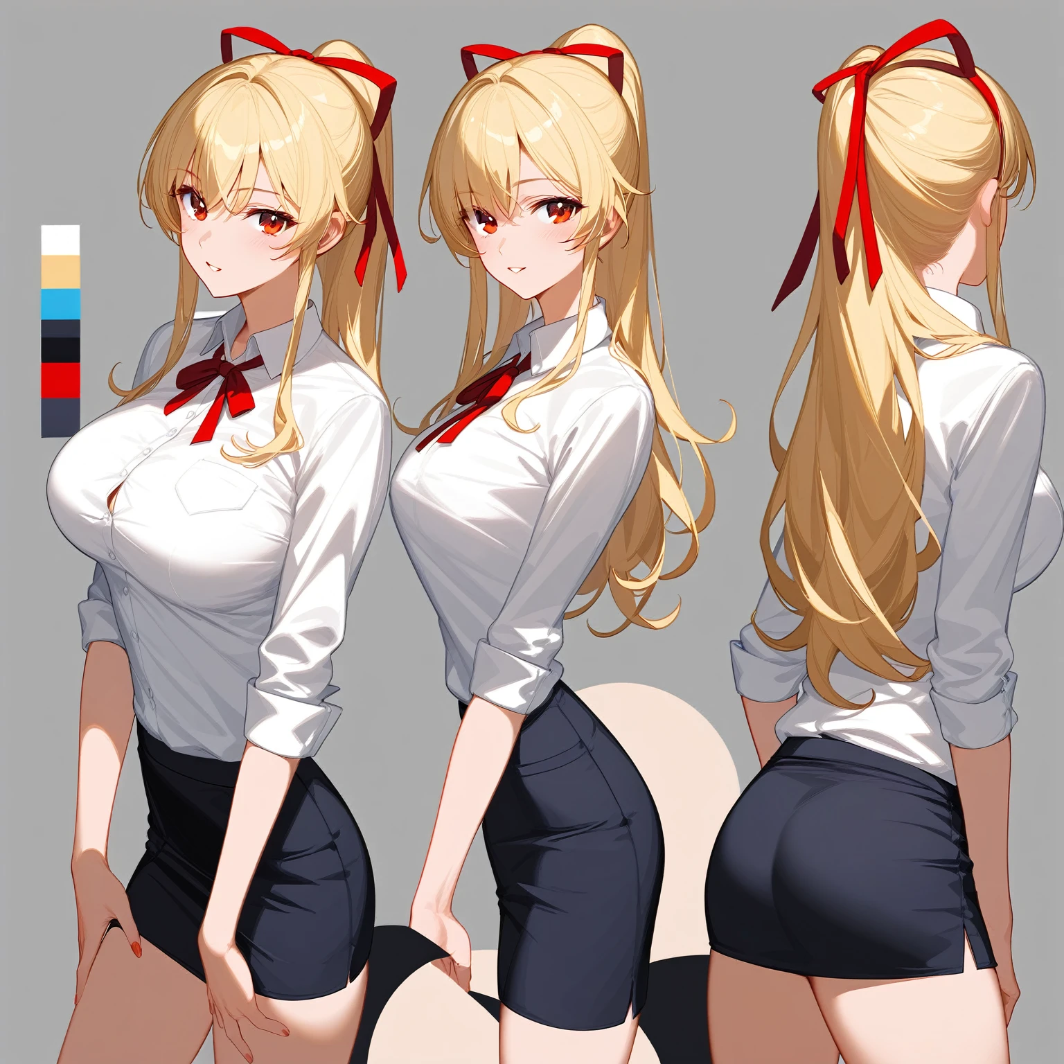 Highest quality, Ultra-detailed CG Unity 8k Wallpaper, Beautiful details、Large Breasts、Blonde、T-pose、White Shirt、mini skirt、Red ribbon、Lady、Slanted Eyes,Three identical people、正面T-poseの女性、The same woman looking sideways、The same woman from behind、３Area view、Character Sheet